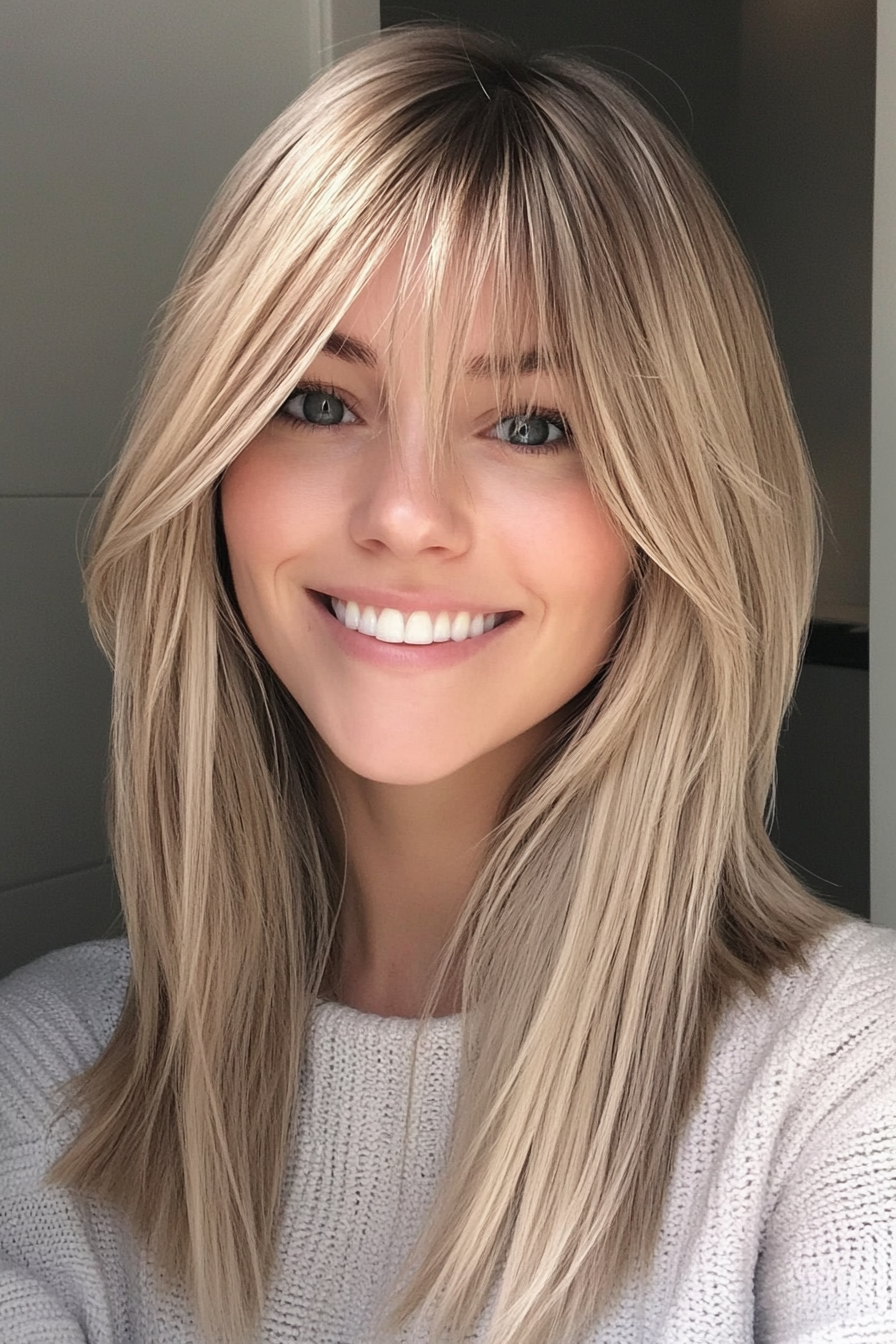 8. Blended Layers with Straight Bangs – Ash Blonde (Medium Length Haircuts With Bangs) - Medium Length Haircuts With Bangs