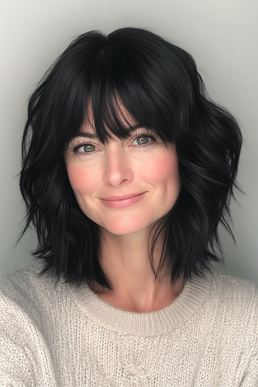 10. Textured Lob with Piecey Bangs – Soft Black (Medium Length Haircuts With Bangs) - Medium Length Haircuts With Bangs