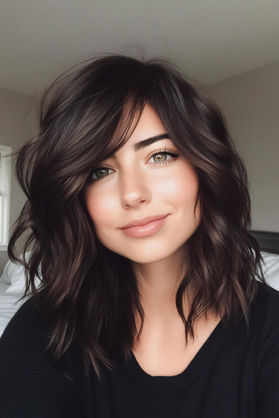 11. Wavy Mid-Length Cut with Wispy Side Bangs – Dark Mahogany (Medium Length Haircuts With Bangs) - Medium Length Haircuts With Bangs