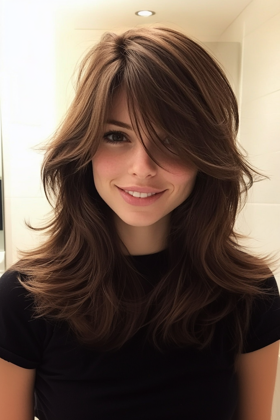 12. Layered Shoulder-Length Cut with Long Feathered Bangs – Cool Espresso Brown (Medium Length Haircuts With Bangs) - Medium Length Haircuts With Bangs