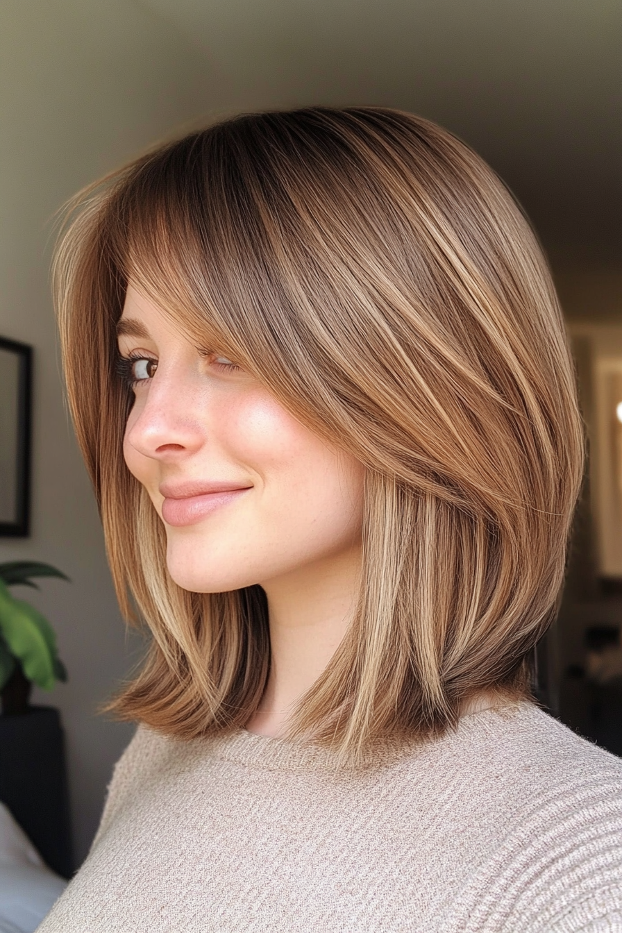 13. French-Inspired Medium Bob with Soft Bangs – Honey Brown (Medium Length Haircuts With Bangs) - Medium Length Haircuts With Bangs