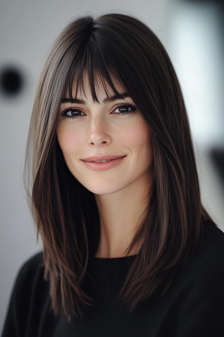 15. Straight Medium Cut with Blended Curtain Bangs – Rich Dark Brown (Medium Length Haircuts With Bangs) - Medium Length Haircuts With Bangs