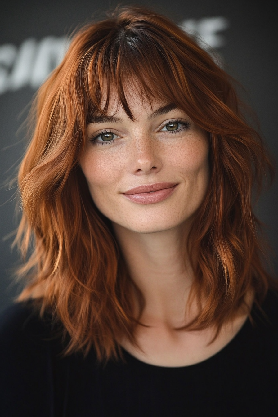 16. Shoulder-Length Shag with Soft Bangs – Chestnut Auburn (Medium Length Haircuts With Bangs) - Medium Length Haircuts With Bangs