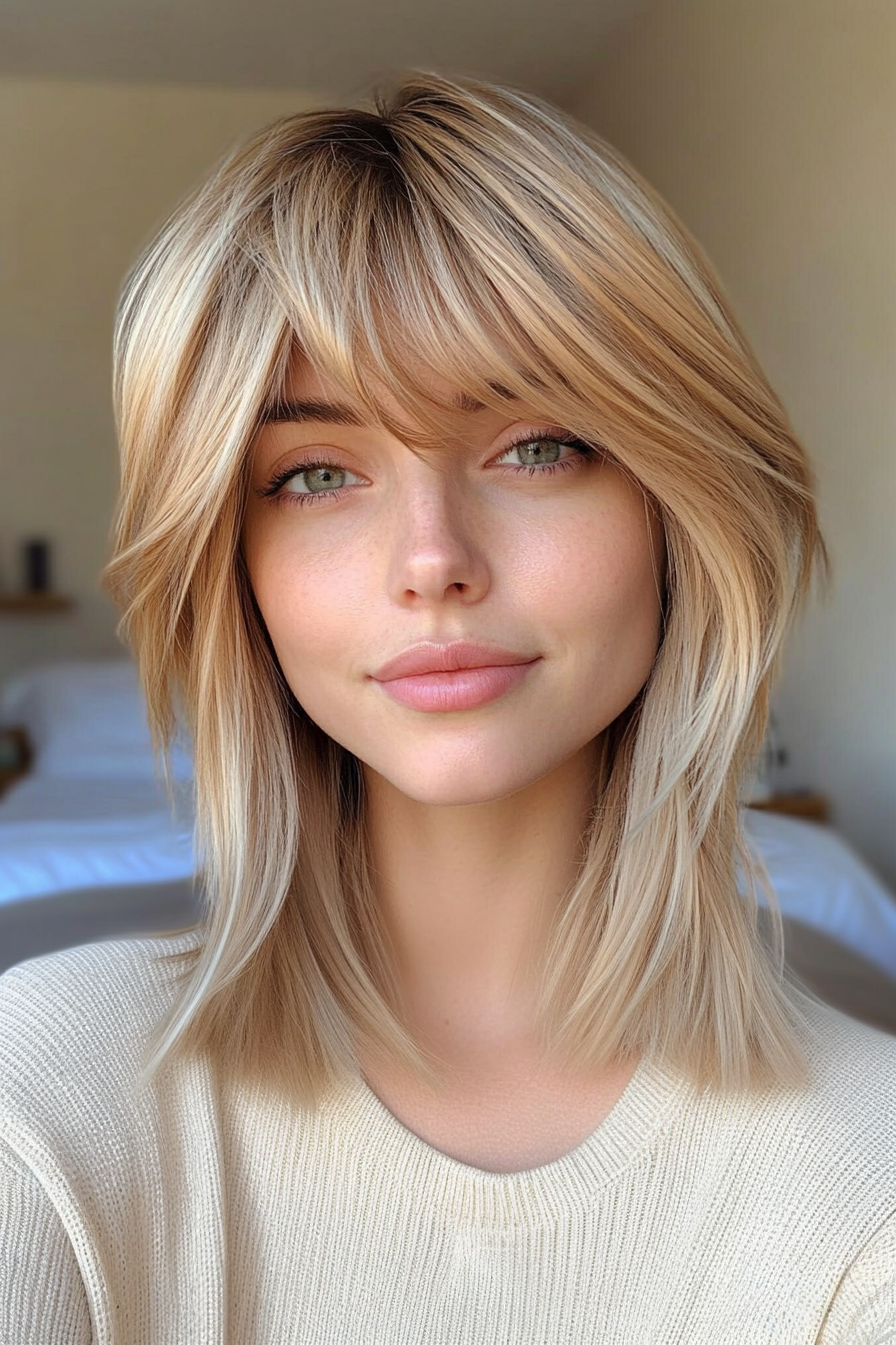 17. Slightly Angled Lob with Side Bangs – Deep Golden Blonde (Medium Length Haircuts With Bangs) - Medium Length Haircuts With Bangs