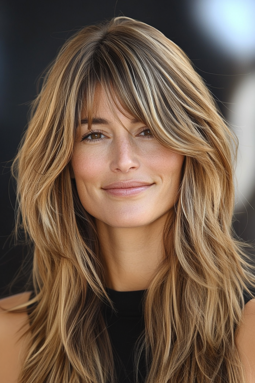 18. Layered Mid-Length Hair with Wispy Fringe – Soft Golden Brown (Medium Length Haircuts With Bangs) - Medium Length Haircuts With Bangs