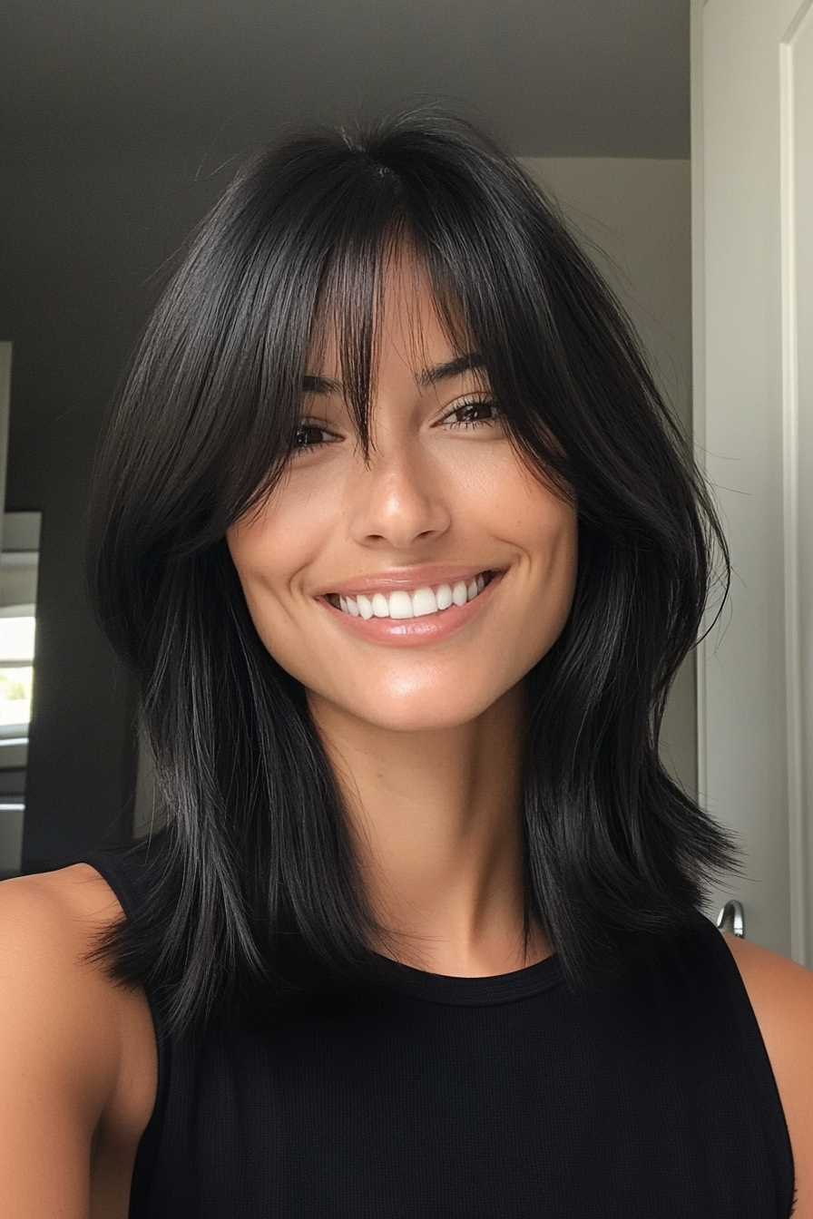 19. Face-Framing Lob with Soft Layers – Natural Black (Medium Length Haircuts With Bangs) - Medium Length Haircuts With Bangs