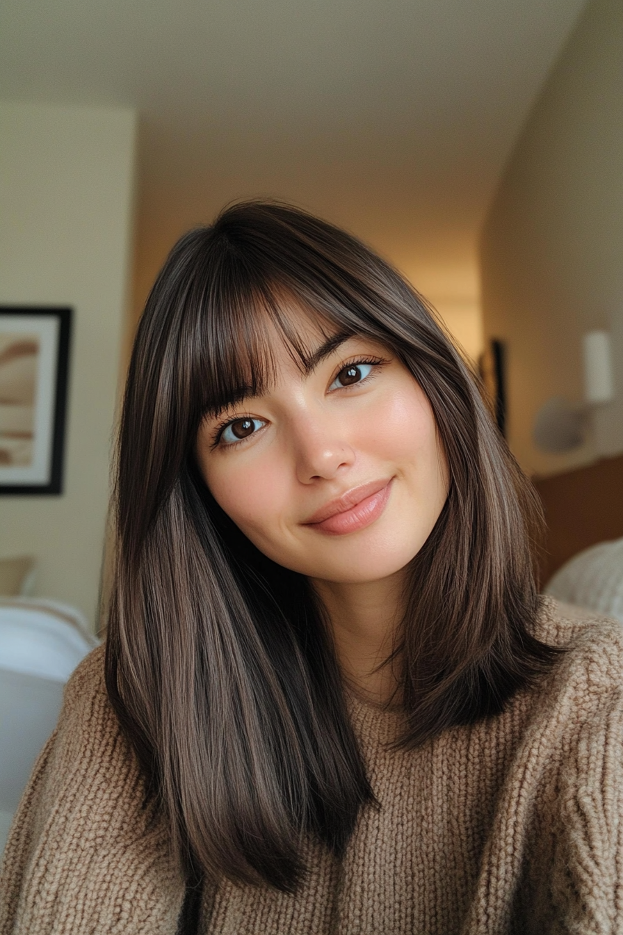 20. Shoulder-Length Blunt Cut with Soft Bangs – Mocha Brown (Medium Length Haircuts With Bangs) - Medium Length Haircuts With Bangs