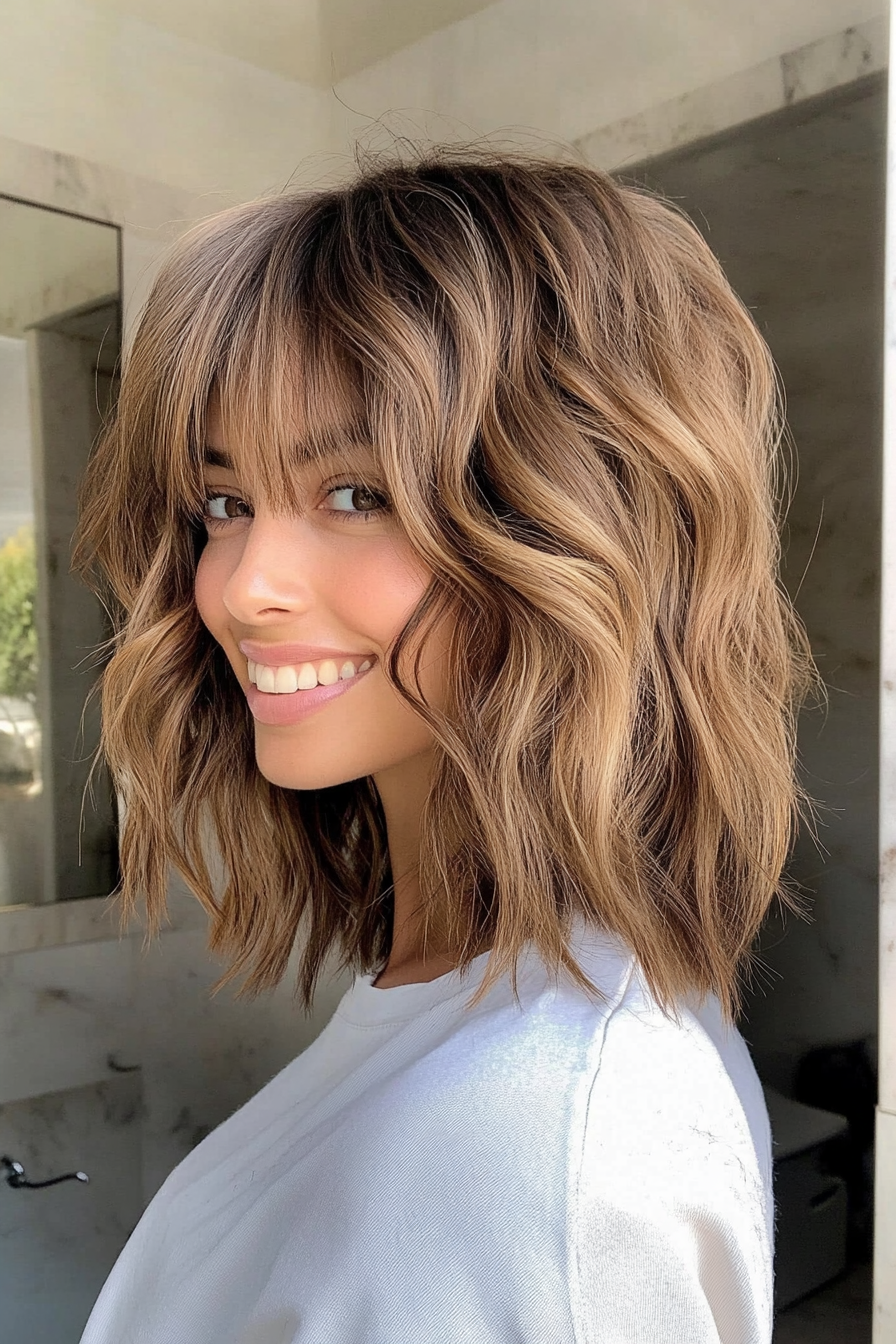 21. Wavy Lob with Textured Bangs – Ash Brown with Subtle Highlights (Medium Length Haircuts With Bangs) - Medium Length Haircuts With Bangs