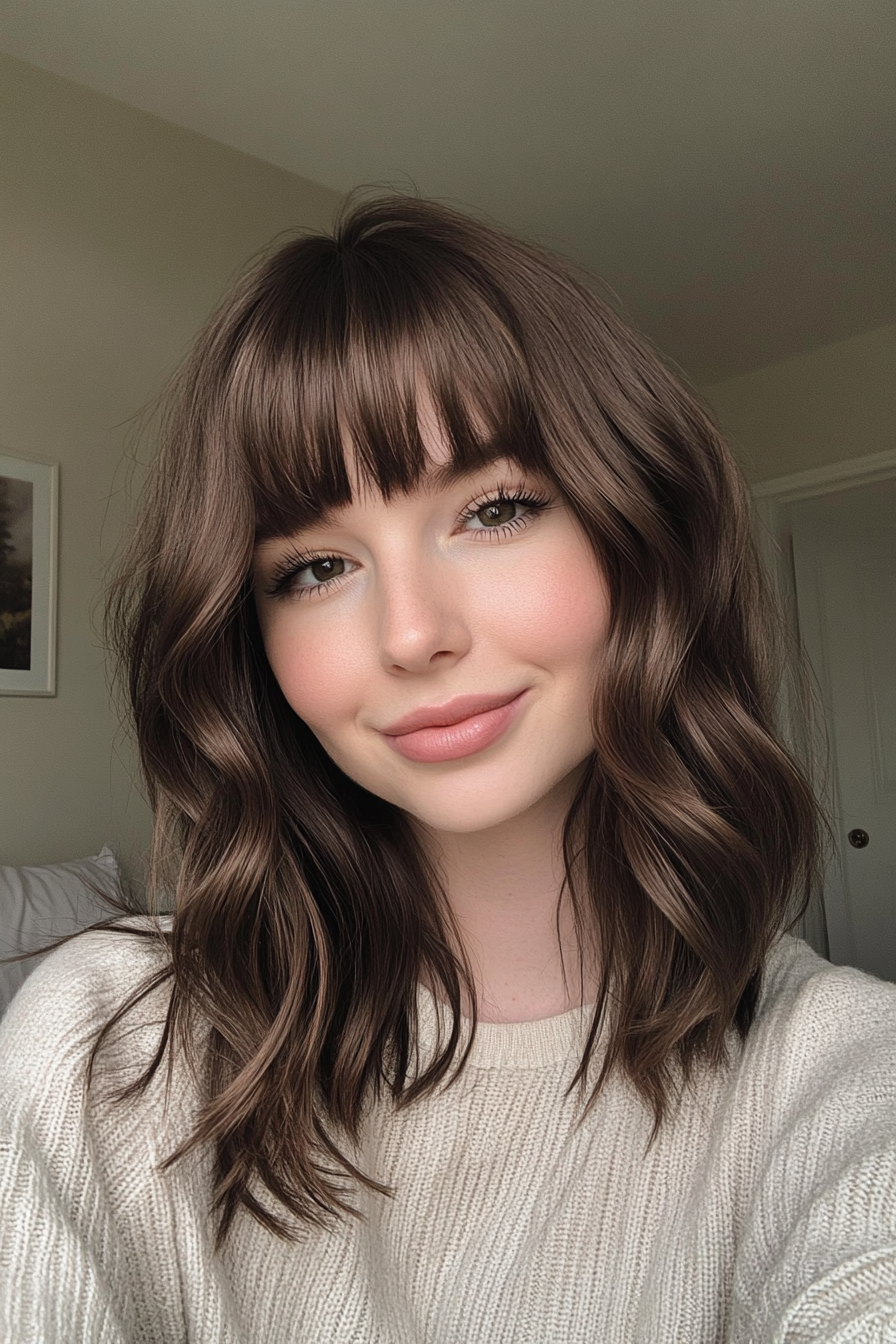 22. Medium-Length Cut with Baby Bangs – Dark Espresso Brown (Medium Length Haircuts With Bangs) - Medium Length Haircuts With Bangs