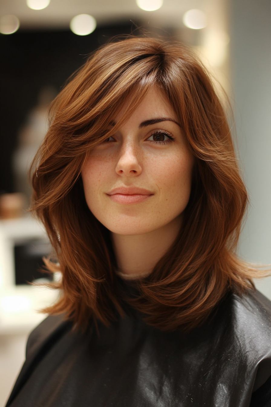 23. Softly Layered Shoulder-Length Hair with Feathered Bangs – Light Copper Brown (Medium Length Haircuts With Bangs) - Medium Length Haircuts With Bangs
