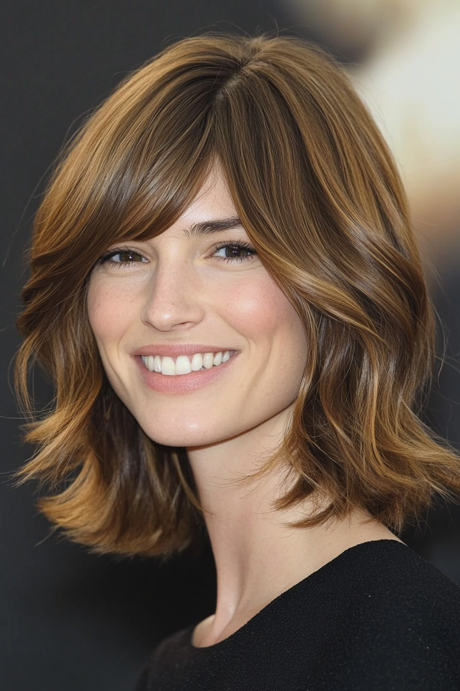 24. Chin-Length Layers with Side Bangs – Rich Golden Brown (Medium Length Haircuts With Bangs) - Medium Length Haircuts With Bangs