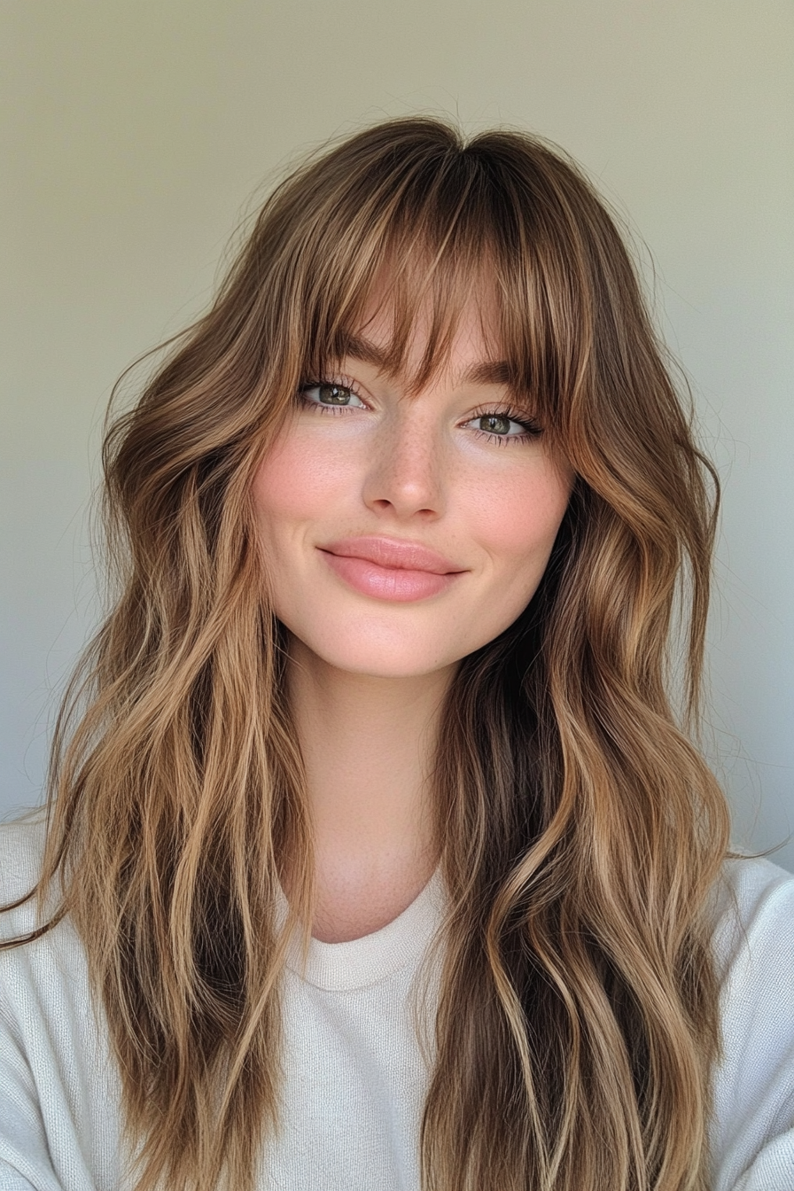 25. Textured Shoulder-Length Cut with Long Bangs – Warm Brown with Subtle Caramel Highlights (Medium Length Haircuts With Bangs) - Medium Length Haircuts With Bangs