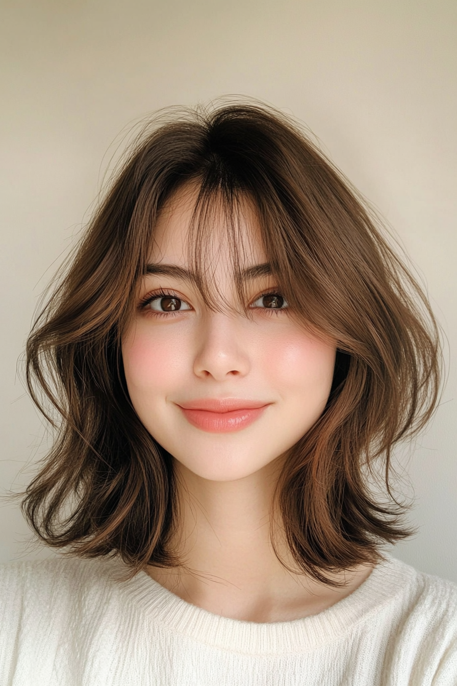 26. Rounded Mid-Length Bob with Soft Blended Bangs – Dark Chestnut Brown (Medium Length Haircuts With Bangs) - Medium Length Haircuts With Bangs