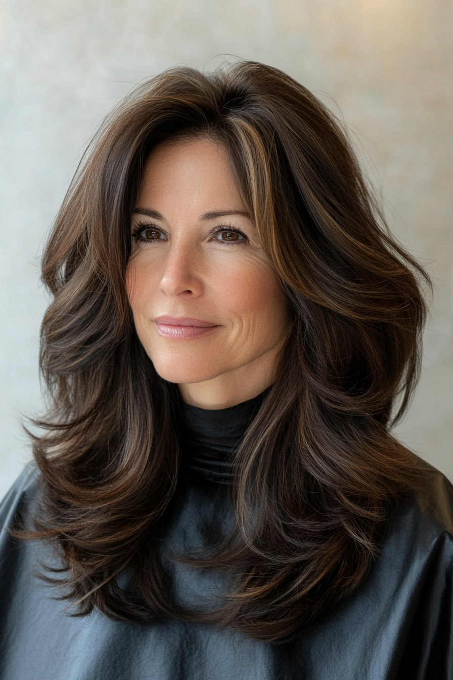 3. Shoulder-Length Wispy Layers in Dark Brunette (Modern Hairstyles For Women Over 50) - Modern Hairstyles For Women Over 50