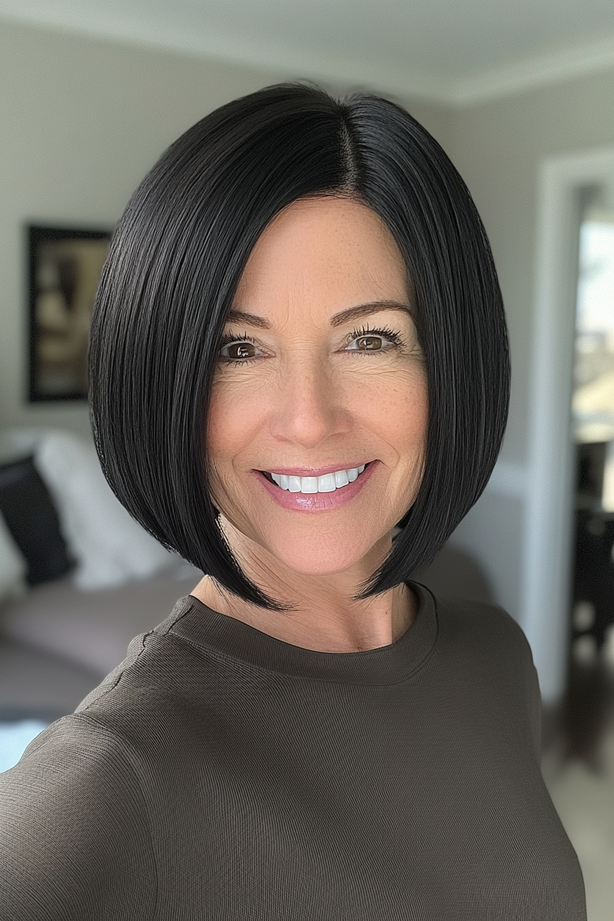 5. Chin-Length Blunt Bob in Natural Black (Modern Hairstyles For Women Over 50) - Modern Hairstyles For Women Over 50