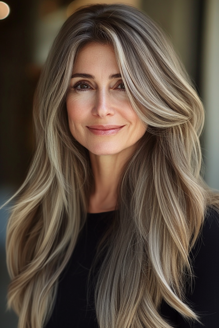 6. Long Layered Waves in Soft Ash Brown (Modern Hairstyles For Women Over 50) - Modern Hairstyles For Women Over 50