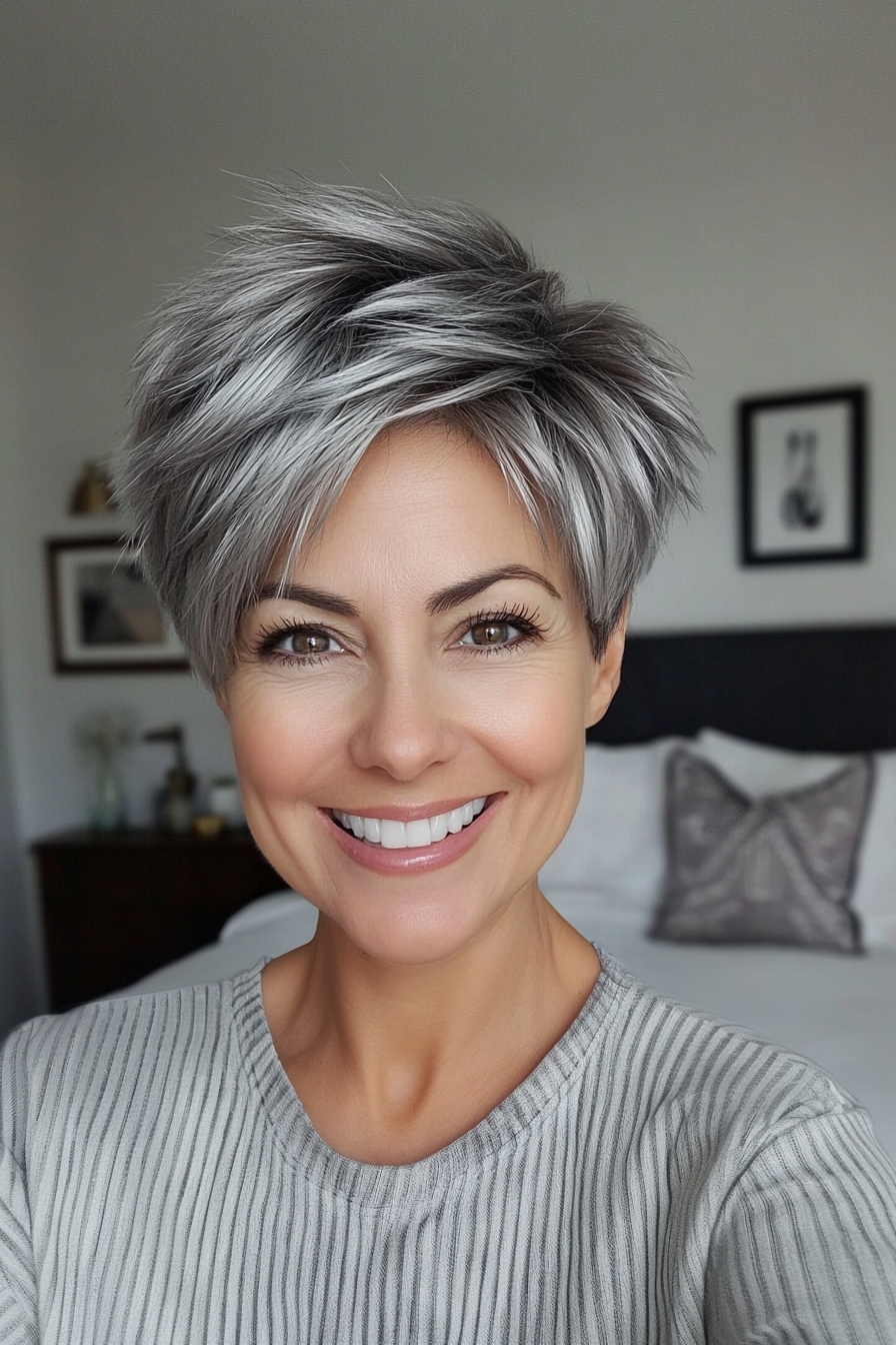 7. Textured Pixie in Smoky Silver (Modern Hairstyles For Women Over 50) - Modern Hairstyles For Women Over 50