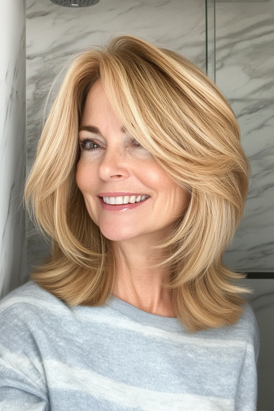 8. Feathered Lob in Honey Blonde (Modern Hairstyles For Women Over 50) - Modern Hairstyles For Women Over 50