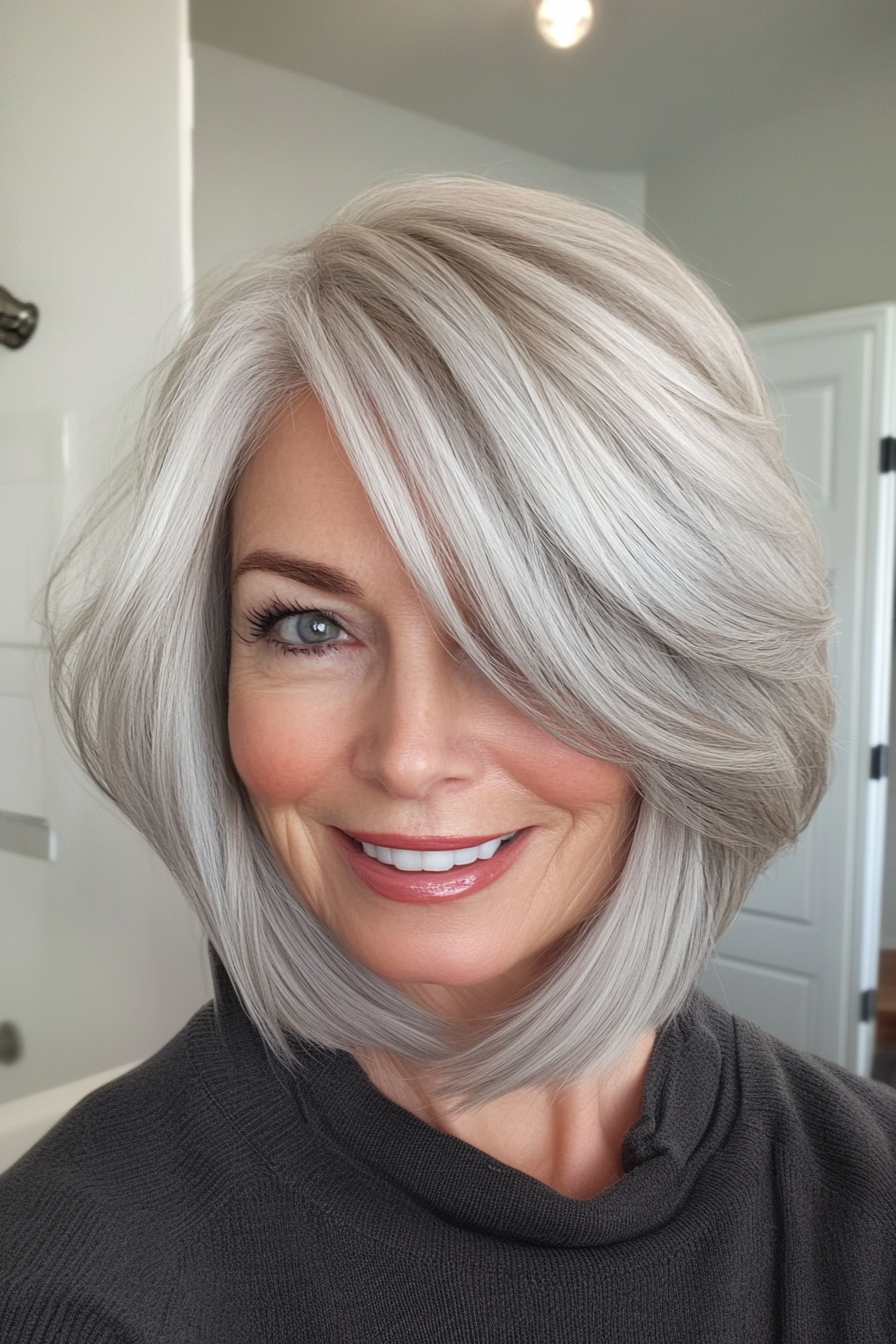 11. Elegant Choppy Bob in Silver Ash (Modern Hairstyles For Women Over 50) - Modern Hairstyles For Women Over 50