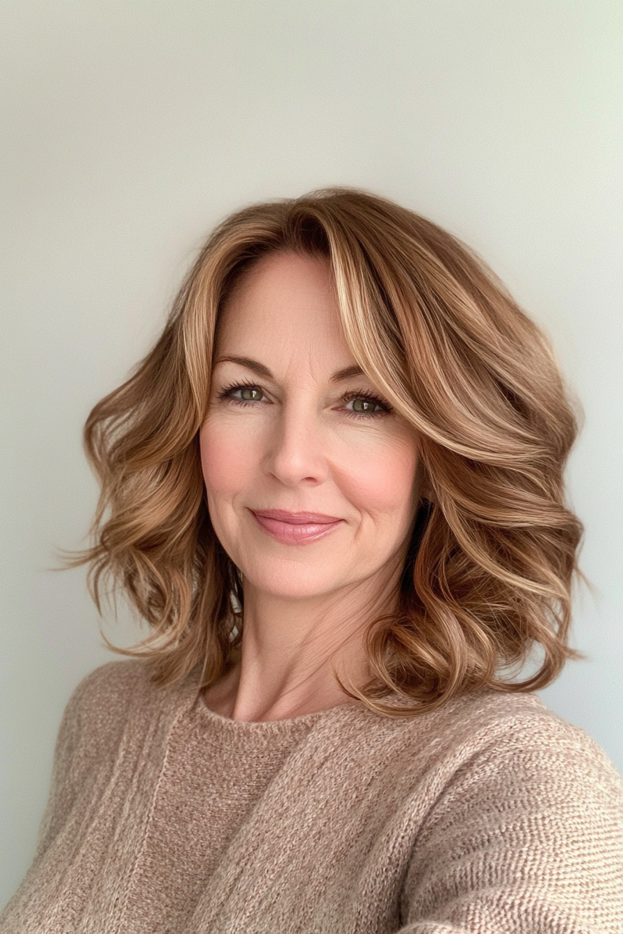 12. Wavy Mid-Length Cut in Caramel Brown (Modern Hairstyles For Women Over 50) - Modern Hairstyles For Women Over 50