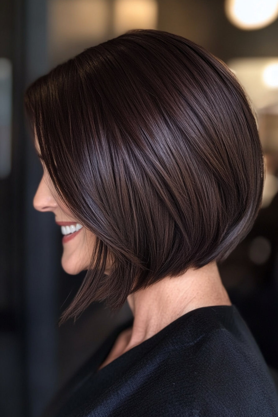 13. Angled Bob in Dark Chocolate Brown (Modern Hairstyles For Women Over 50) - Modern Hairstyles For Women Over 50