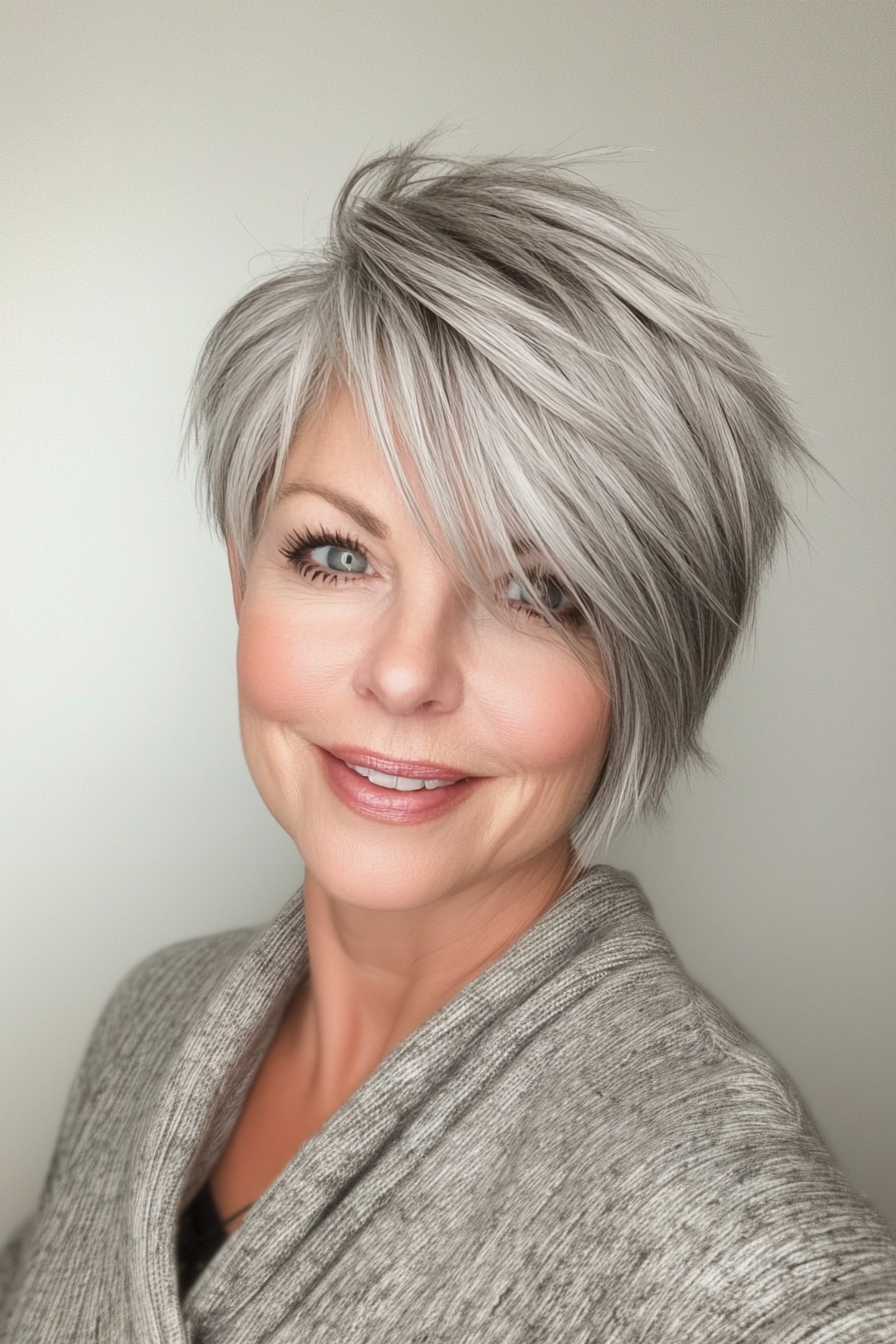 15. Side-Swept Short Cut in Icy Gray (Modern Hairstyles For Women Over 50) - Modern Hairstyles For Women Over 50