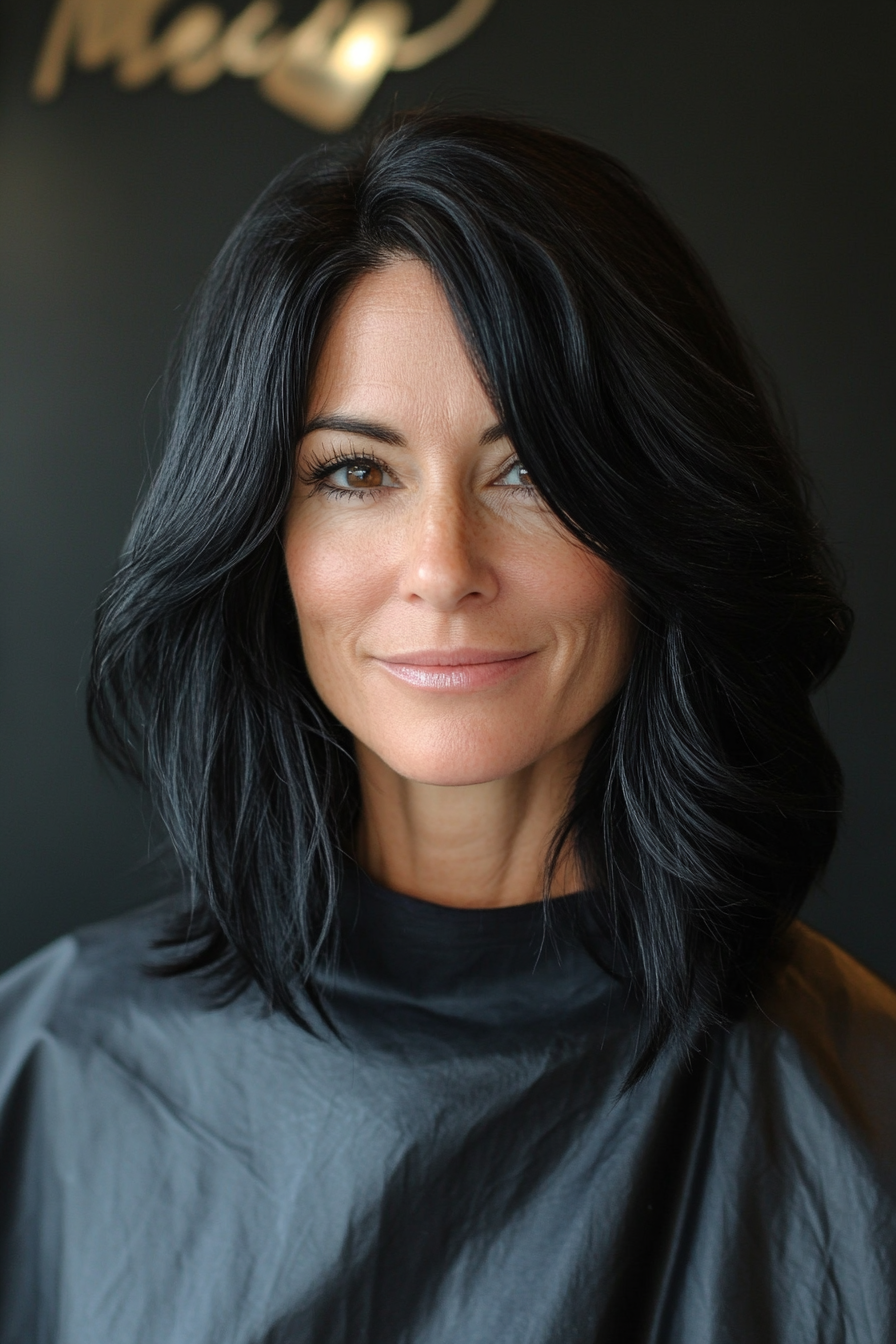16. Sleek Mid-Length Cut in Deep Jet Black (Modern Hairstyles For Women Over 50) - Modern Hairstyles For Women Over 50