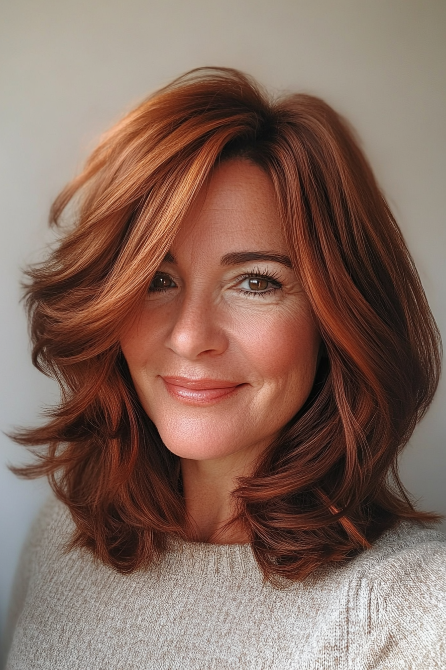 17. Flipped-Out Lob in Copper Brown (Modern Hairstyles For Women Over 50) - Modern Hairstyles For Women Over 50