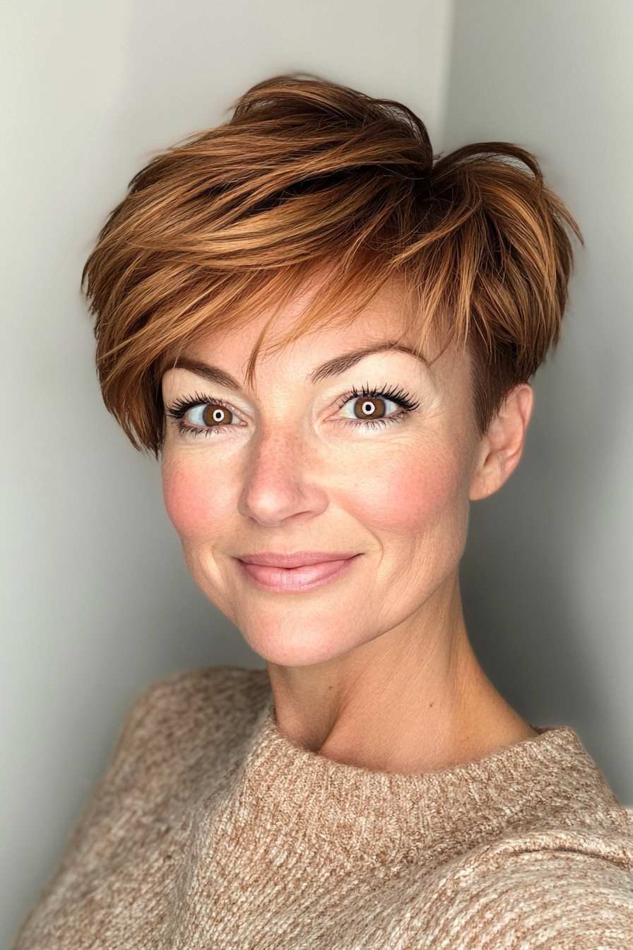 20. Tapered Pixie in Warm Caramel (Modern Hairstyles For Women Over 50) - Modern Hairstyles For Women Over 50