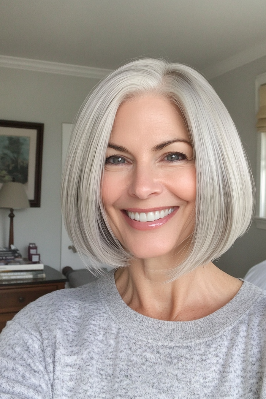 22. Rounded Bob in Silver Blonde (Modern Hairstyles For Women Over 50) - Modern Hairstyles For Women Over 50