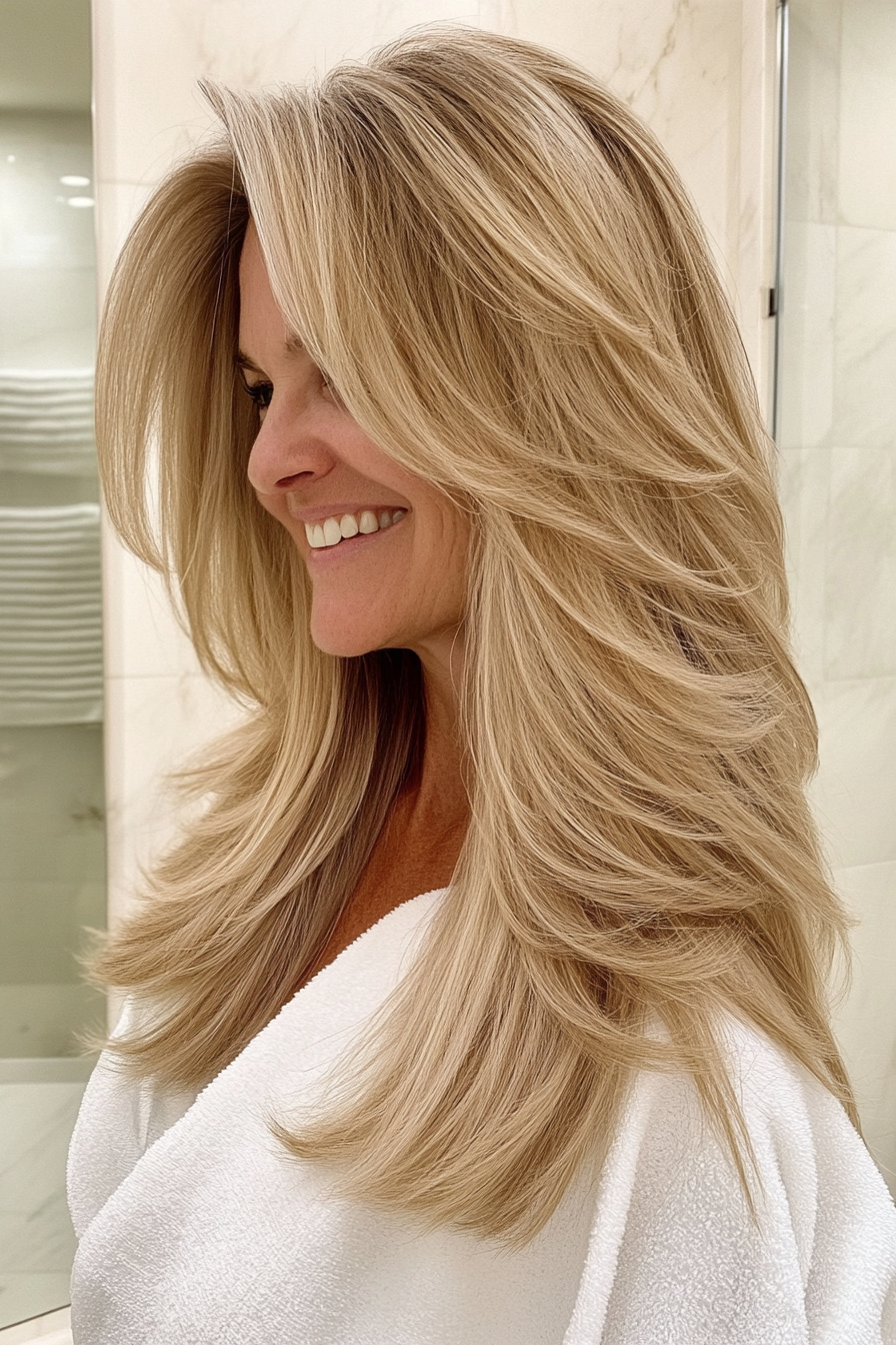 26. Shoulder-Length Butterfly Cut in Sandy Blonde (Modern Hairstyles For Women Over 50) - Modern Hairstyles For Women Over 50