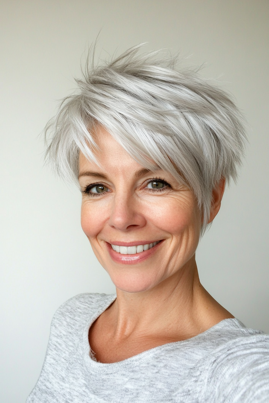 1. Soft Feathered Pixie in Silver Blonde (Pixie Haircuts For Women Over 50) - Pixie Haircuts For Women Over 50