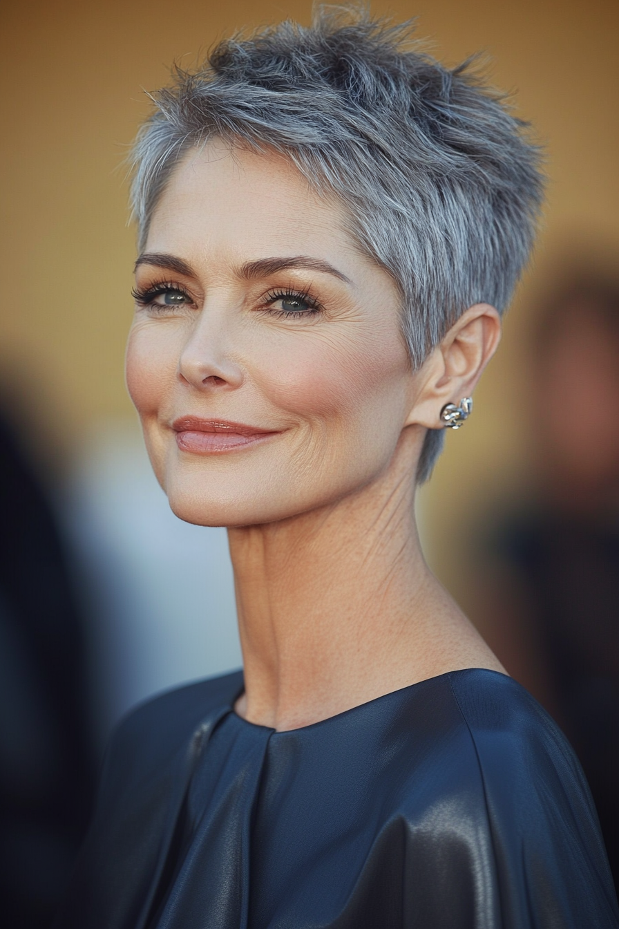 2. Classic Tapered Pixie in Salt and Pepper (Pixie Haircuts For Women Over 50) - Pixie Haircuts For Women Over 50