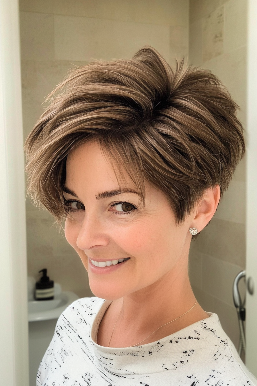 3. Layered Crop Pixie in Ash Brown (Pixie Haircuts For Women Over 50) - Pixie Haircuts For Women Over 50