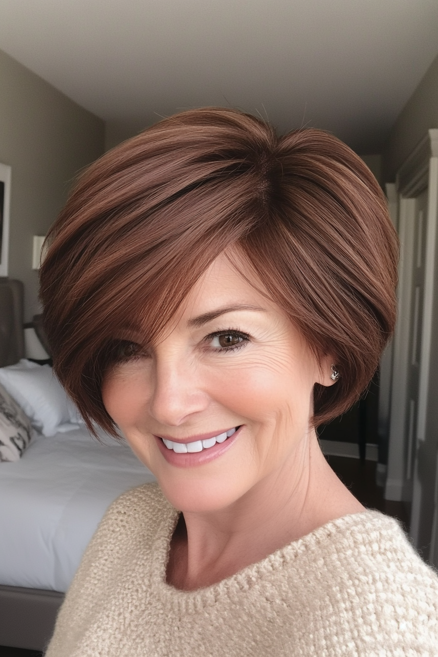 4. Side-Swept Pixie in Chestnut Brown (Pixie Haircuts For Women Over 50) - Pixie Haircuts For Women Over 50