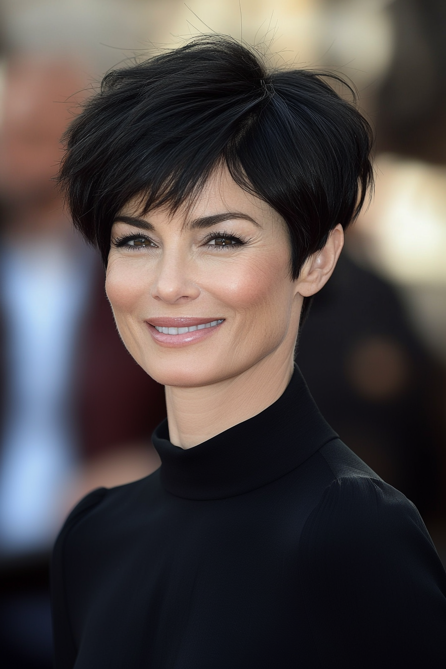 6. Short and Sleek Pixie in Natural Black (Pixie Haircuts For Women Over 50) - Pixie Haircuts For Women Over 50