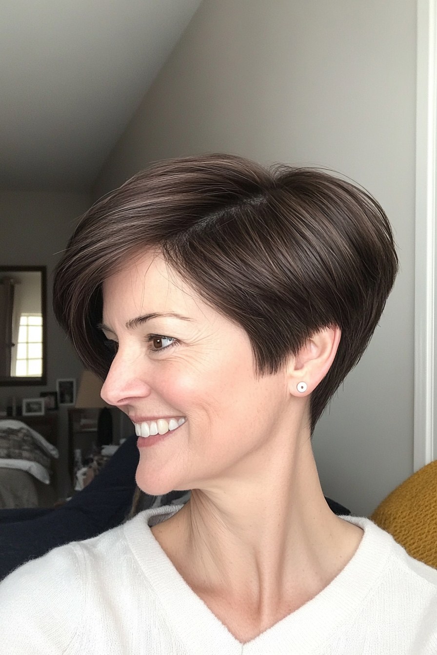15. Side-Parted Pixie in Cool Espresso Brown (Pixie Haircuts For Women Over 50) - Pixie Haircuts For Women Over 50