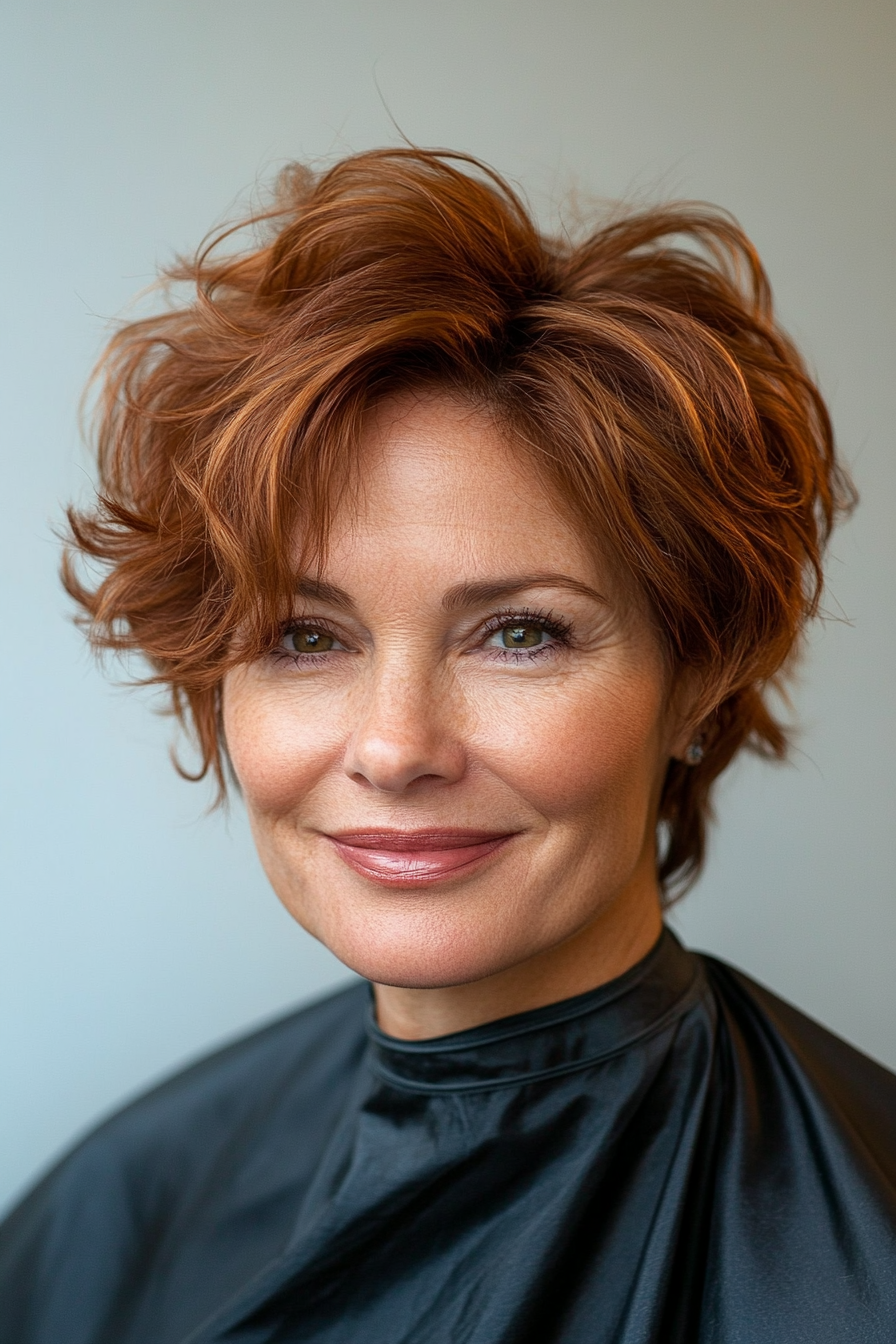17. Soft Curled Pixie in Medium Copper Brown (Pixie Haircuts For Women Over 50) - Pixie Haircuts For Women Over 50