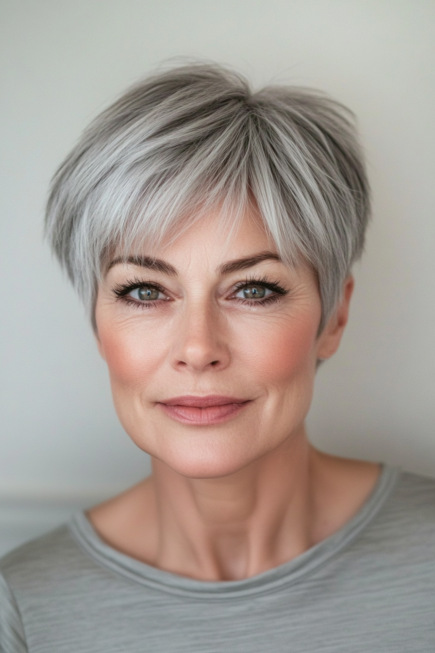 19. Tapered Pixie with Bangs in Smoky Gray (Pixie Haircuts For Women Over 50) - Pixie Haircuts For Women Over 50