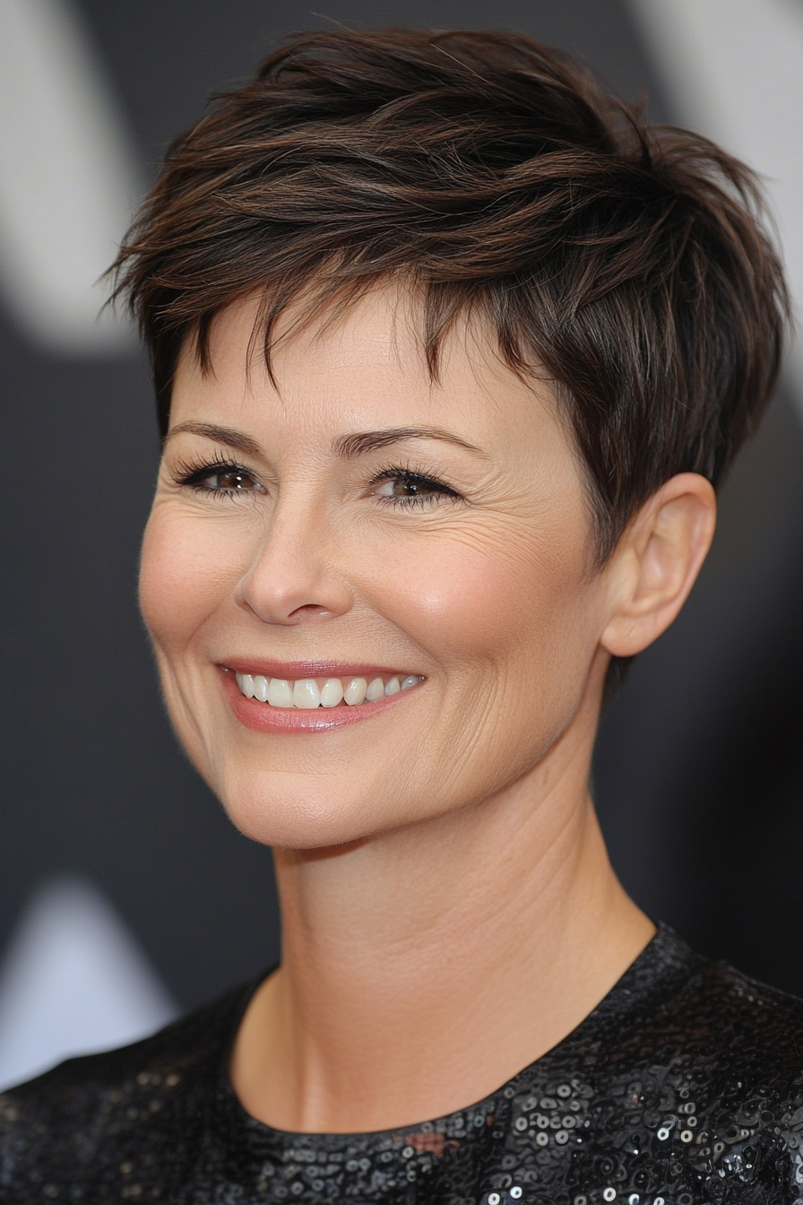 20. Ultra-Short Pixie in Natural Warm Brunette (Pixie Haircuts For Women Over 50) - Pixie Haircuts For Women Over 50