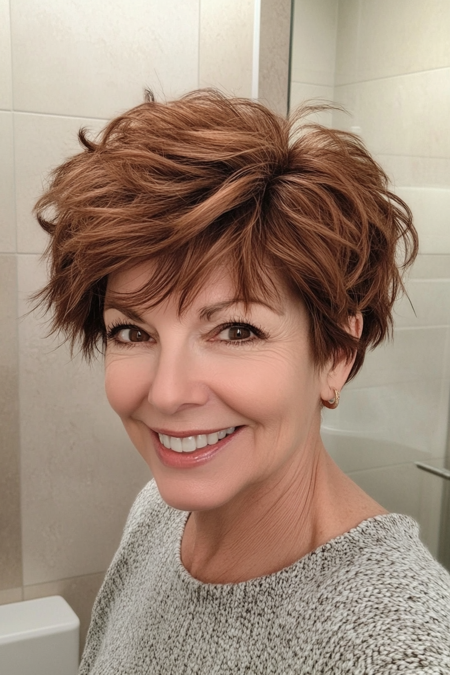 24. Messy Pixie in Rich Maple Brown (Pixie Haircuts For Women Over 50) - Pixie Haircuts For Women Over 50
