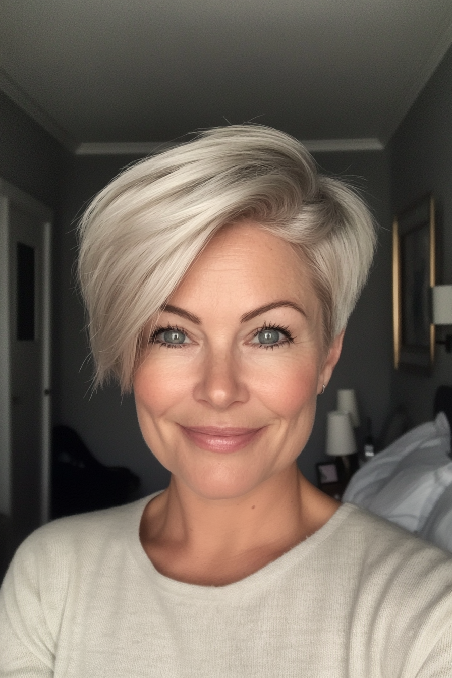 25. Asymmetrical Pixie in Soft Platinum Blonde (Pixie Haircuts For Women Over 50) - Pixie Haircuts For Women Over 50