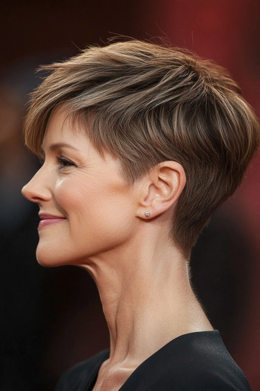 26. Chin-Length Pixie in Earthy Light Brown (Pixie Haircuts For Women Over 50) - Pixie Haircuts For Women Over 50