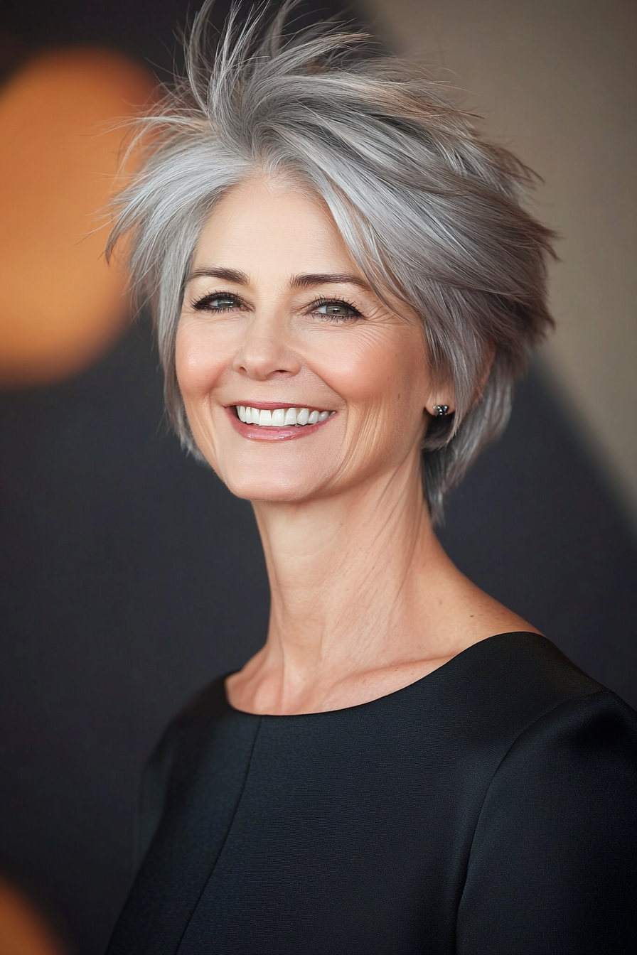 1. Feathered Pixie in Silver Gray (Short Hairstyles For Women Over 60 With Thin Hair) - Short Hairstyles For Women Over 60 With Thin Hair