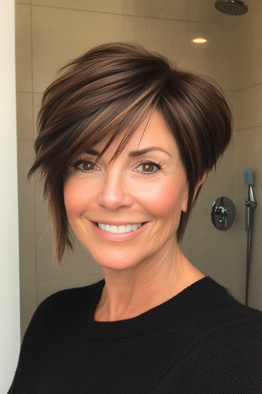 6. Side-Swept Pixie in Dark Mocha (Short Hairstyles For Women Over 60 With Thin Hair) - Short Hairstyles For Women Over 60 With Thin Hair
