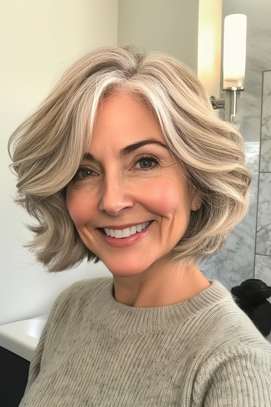 7. Curved Bob in Salt-and-Pepper Blend (Short Hairstyles For Women Over 60 With Thin Hair) - Short Hairstyles For Women Over 60 With Thin Hair