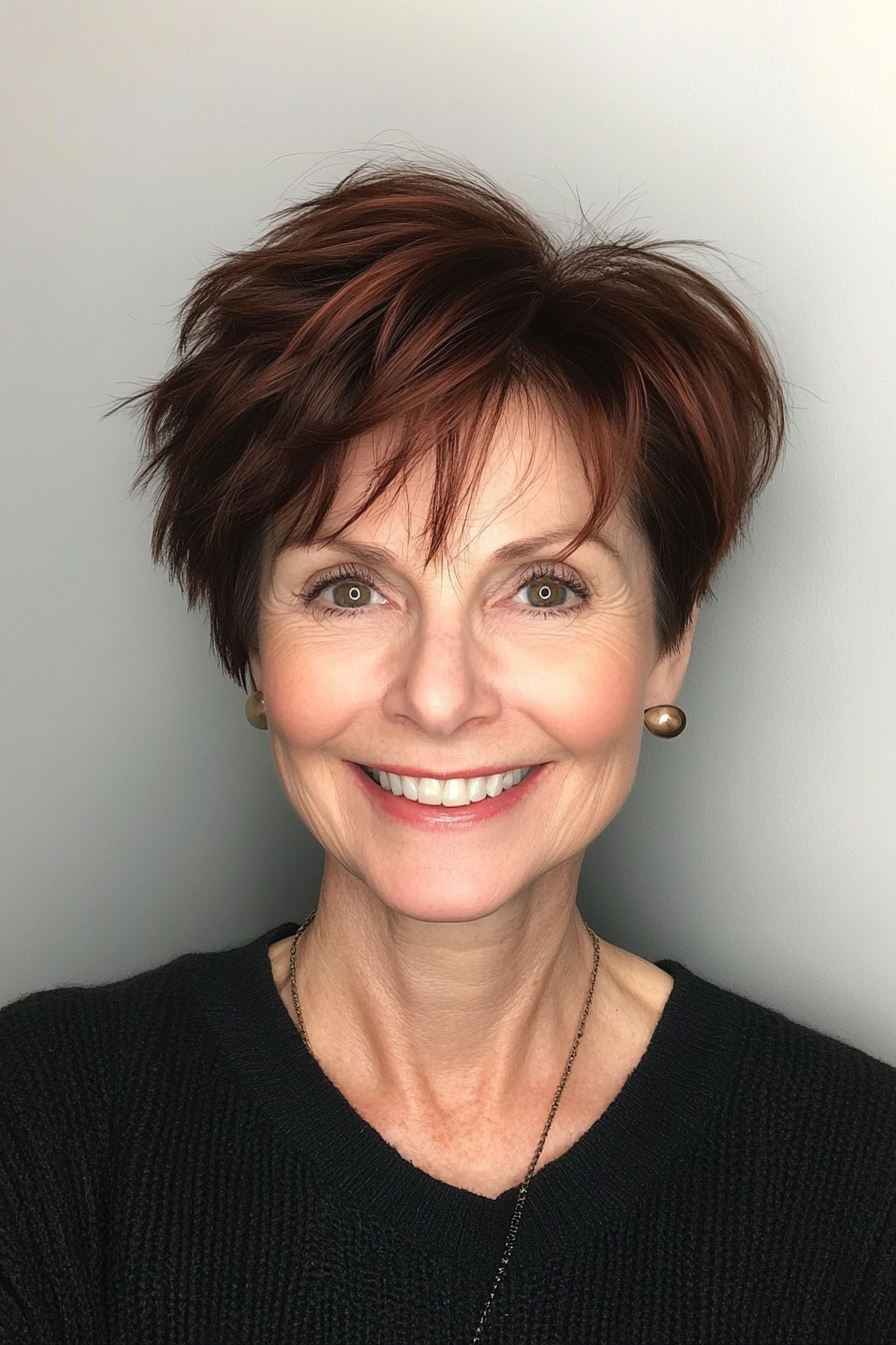 10. Choppy Pixie in Dark Auburn (Short Hairstyles For Women Over 60 With Thin Hair) - Short Hairstyles For Women Over 60 With Thin Hair
