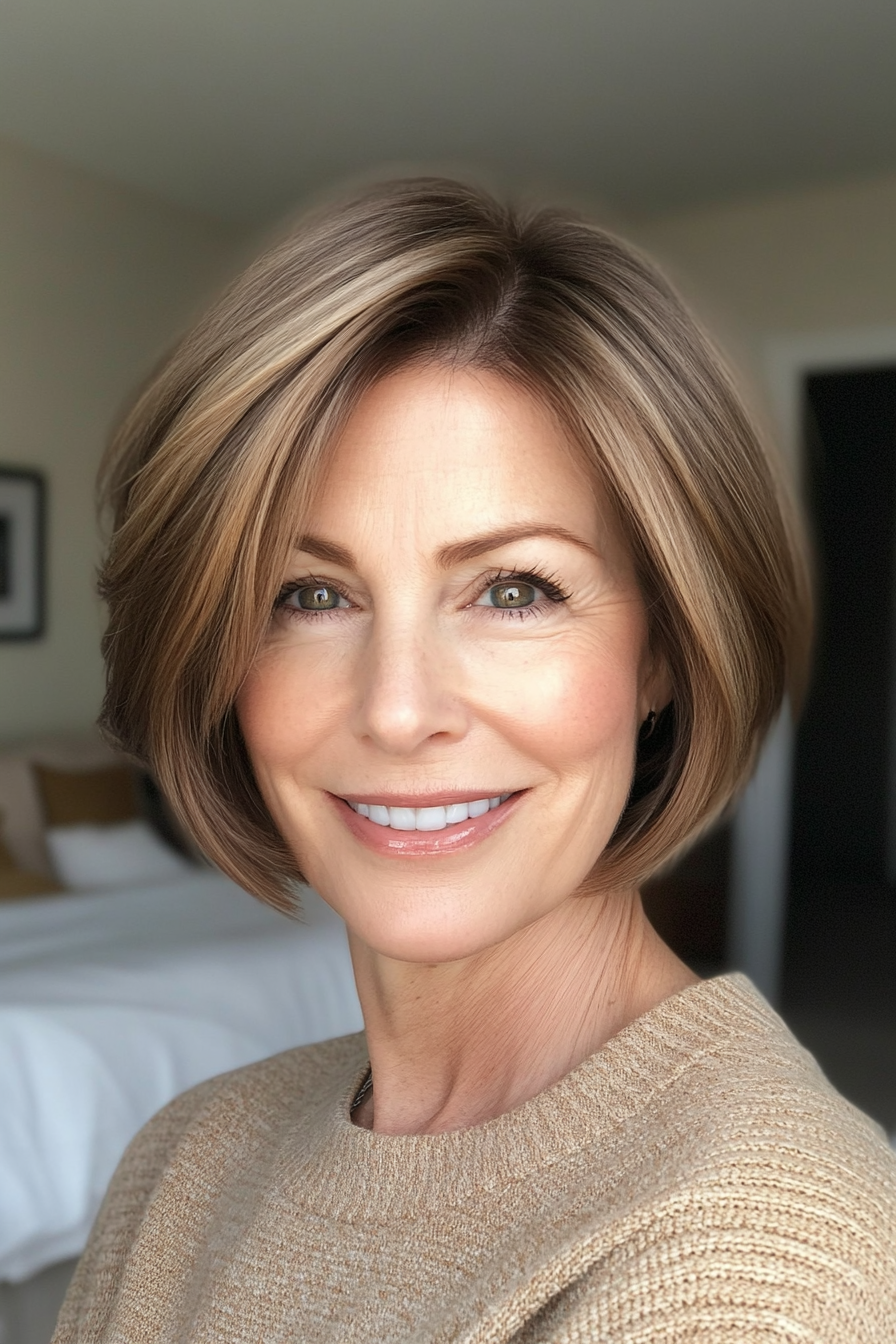 11. Neck-Length Bob in Light Caramel Brown (Short Hairstyles For Women Over 60 With Thin Hair) - Short Hairstyles For Women Over 60 With Thin Hair