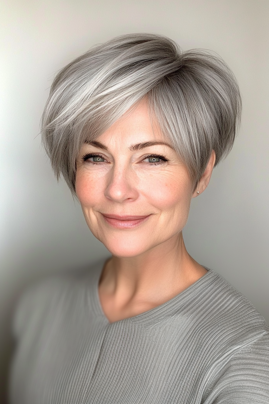 12. Pixie with Side Layers in Cool Ash Gray (Short Hairstyles For Women Over 60 With Thin Hair) - Short Hairstyles For Women Over 60 With Thin Hair