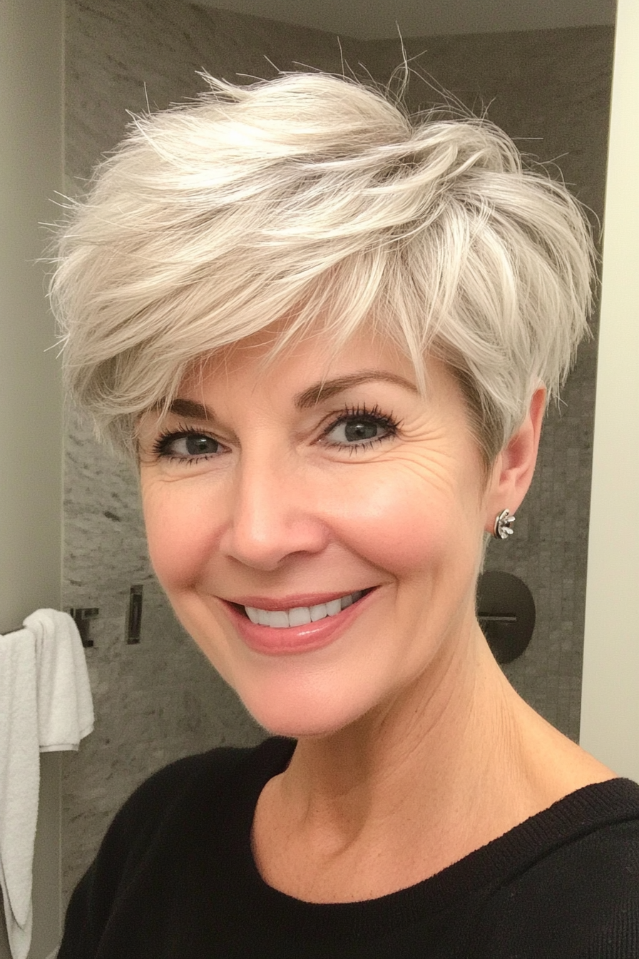 14. Layered Boyish Cut in Silver Blonde (Short Hairstyles For Women Over 60 With Thin Hair) - Short Hairstyles For Women Over 60 With Thin Hair